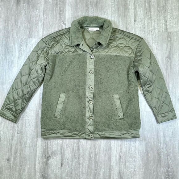 Women's Green Quilted Mixed Media Fleece Trim Jacket L - Picture 3 of 9